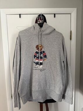 Polo by Ralph Lauren Gray Hoodie with USA Polo Bear Graphic